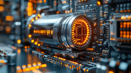 Poster - High-tech motherboard close-up, illuminated by glowing lights, showcasing intricate electronic components