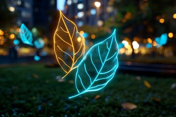 Aufkleber - Holographic autumn leaves floating in mid-air, glowing faintly against a digital park background