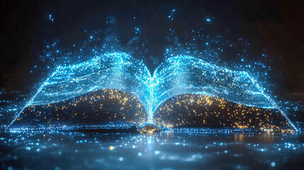 Poster - A digital book with glowing blue particles symbolizing knowledge and technology. Perfect for e-learning and digital education themes