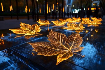Aufkleber - Holographic autumn leaves floating in mid-air, glowing faintly against a digital park background