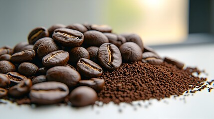 Fototapete - Spilled Dark Roasted Coffee Grounds with Transparent Backdrop Overhead Perspective Sunlight Filtering Through Minimalist and Composition in Mid Century Modern Aesthetic