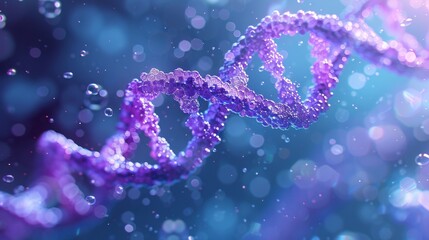 Beautiful spiral of pink DNA double helix with light bokeh and bubbles, gracefully floating on a blue background