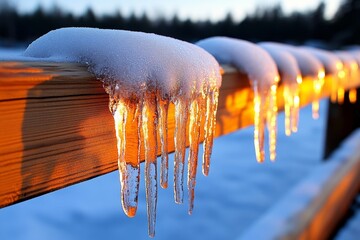 Poster - Icicles hanging from a simple wooden fence, with soft light illuminating their edges
