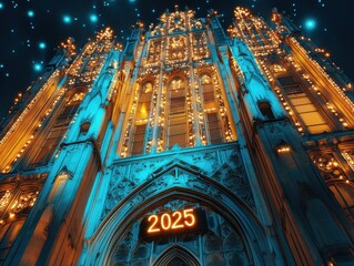 Lighted up clock on a building with a blue sky background, 2025 year