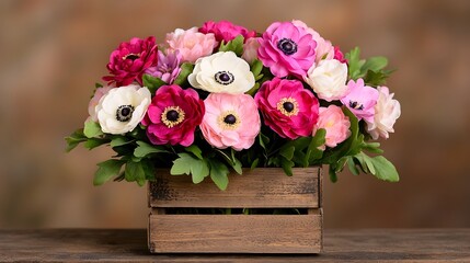 Aufkleber - Beautifully Composed Delicate Spring Blooms including Anemones Ranunculus and Hyacinths Arranged in a Rustic Wooden Crate with Soft Natural Lighting Highlighting the Vibrant Hues of the Flowers