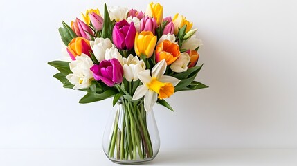 Beautifully arranged spring flower bouquet including tulips lilies and daffodils in a minimalist glass vase set against a crisp white background for a serene natural and elegant display