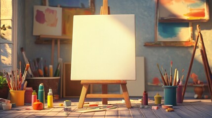 An empty canvas on an easel surrounded by paint supplies in a creative workspace.