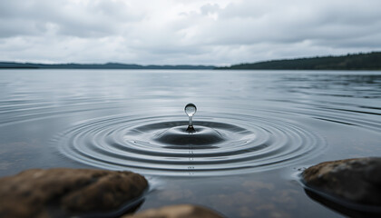 A single droplet causing ripples in a serene lake under an overcast sky, surrounded by rocks.