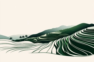 Aufkleber - Minimalist illustration of a rice terrace, drawn with simple green lines on a cream background