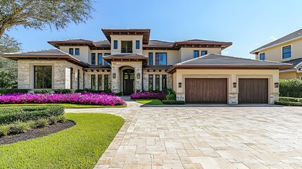 Picturesque Mediterranean Style Villa with Charming Stone Courtyard and Vibrant Blooming Flowers in Serene Outdoor Setting