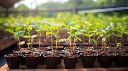 a vibrant scene of coffee bean seedlings in various stages of growth in a well-maintained nursery, w