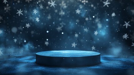 Aufkleber - A round stage is illuminated in vibrant blue light, set against a backdrop of falling snowflakes.