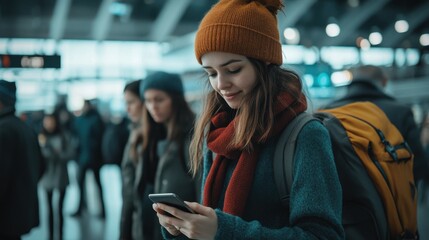 a young woman in winter attire checks her phone at a busy airport terminal, surrounded by fellow tra