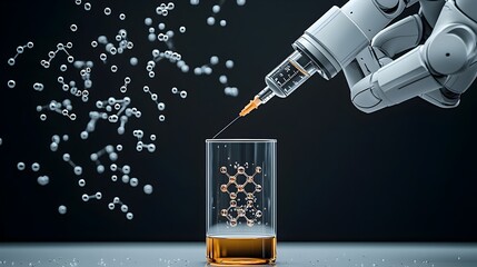 Poster - Futuristic robotic arm holding a syringe and injecting a glowing liquid substance into a test tube filled with intricate chemical bonds symbolizing advanced scientific research and medical innovation