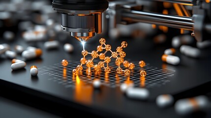Aufkleber - Molecular structure being built in a 3D printer with laser beams scanning the area and a glowing model of the drug taking shape