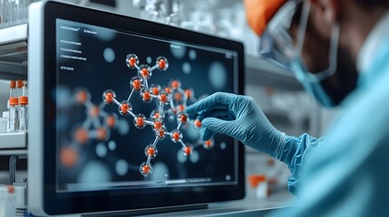 Fototapete - Detailed 3D digital touchscreen display showcasing a complex model of a new drug molecule being manipulated by a scientist in a clean sterile laboratory environment