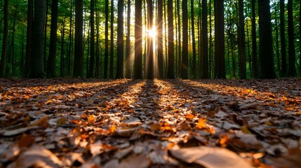Aufkleber - Soft warm sunlight filtering through the canopy of an autumn forest casting a gentle dappled glow on the ground covered in a carpet of fallen leaves  A tranquil