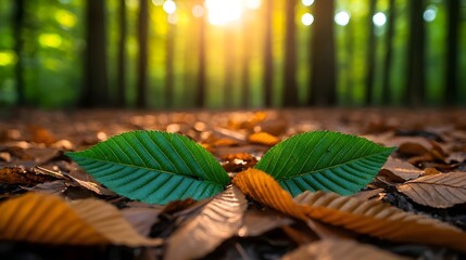 Aufkleber - Ethereal woodland scene with soft dappled sunlight filtering through a lush forest canopy and casting delicate shadows on the ground covered in fallen autumn leaves
