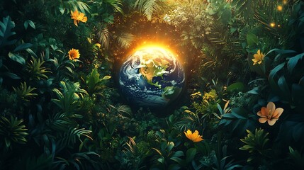 Poster - Generative AI illustration of Earth Day background featuring a glowing globe in the center surrounded by lush greenery vibrant flowers and floating leaves celebrating the planet's beauty