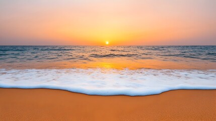 Poster - Capture the beauty of a serene summer beach during the captivating golden hour  Witness the tranquil waves lapping against the shore as the sun dips below the horizon