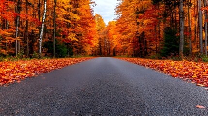 Poster - Wide angle shot of a serene autumn forest with vibrant red and orange leaves gently falling and drifting through the air creating a peaceful and captivating natural scenery