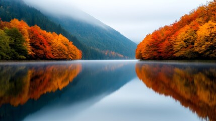 Poster - Autumnal forest reflected on a tranquil lake with soft morning mist hovering over the calm scenic waterscape  Peaceful serene and atmospheric nature landscape