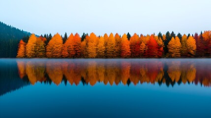 Poster - Tranquil autumn lakeside scene with misty forest reflection and soft morning light  Serene and peaceful landscape with still water vibrant foliage and atmospheric mist