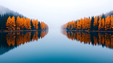 Aufkleber - Autumn s Reflection A tranquil lake mirroring the vibrant foliage of the surrounding forest with soft morning mist adding to the serene and ethereal atmosphere