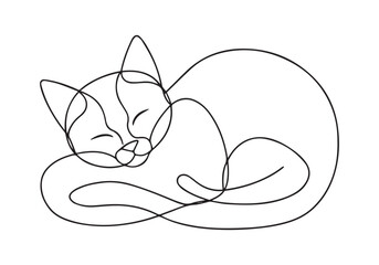 Wall Mural - Minimalist Line Art of a Sleeping Cat – Continuous Line Vector Illustration