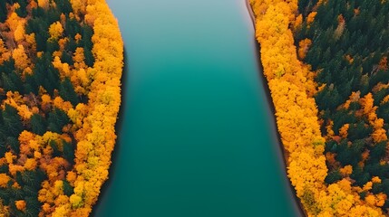 Tranquil autumn landscape showcasing a serene river winding through a forest of vibrant orange and yellow foliage  The reflections on the calm water create a picturesque and enchanting scene