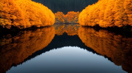 Poster - Serene autumnal landscape with a calm river flowing through a lush forest filled with vibrant orange and yellow foliage  Peaceful tranquil and picturesque natural scene