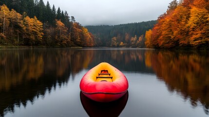Aufkleber - Serene golden autumn landscape with a calm river gently flowing through a lush forest of vibrant orange and yellow trees  Peaceful scenic countryside panorama during the fall season