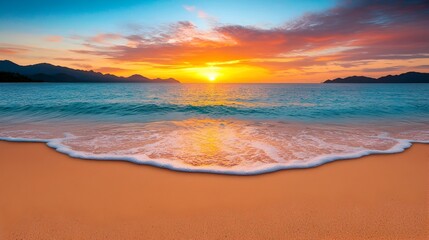 Poster - Tranquil and picturesque golden hour beach scene featuring calm ocean waves gently lapping the shore a bright sun setting on the horizon and a warm glowing skyline