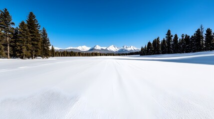 Poster - Vast serene landscape blanketed in fresh snow with tall evergreen pine trees reaching towards a clear azure winter sky  This peaceful