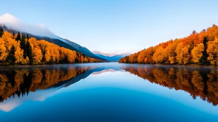 Poster - Tranquil autumn lake reflecting the vibrant foliage of the surrounding forest with a soft morning mist gently settling over the still waters creating a peaceful and atmospheric landscape