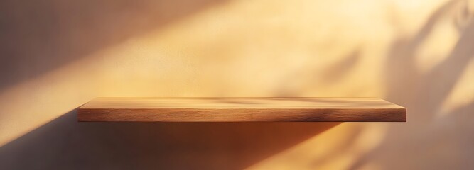 127. A sleek wooden shelf against a bright backdrop, ready for product display