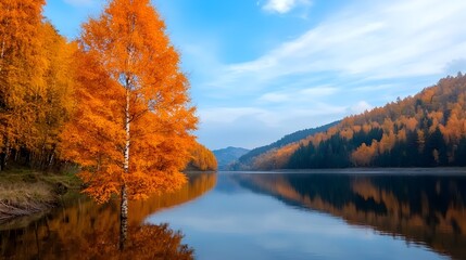 Poster - Serene and tranquil autumn landscape featuring a calm river flowing through a forest of vibrant orange and yellow trees  The reflections on the water create a peaceful and picturesque scene