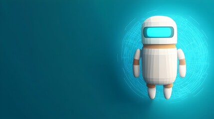 Aufkleber - Cute bot assistant in low poly style floating over a neon blue portal with a wireframe and futuristic technology background for innovation and technology concept