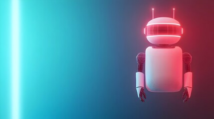 Poster - Cute low poly bot assistant floating gracefully over a neon blue portal set against a sleek futuristic wireframe and technology inspired background conveying a sense of innovation