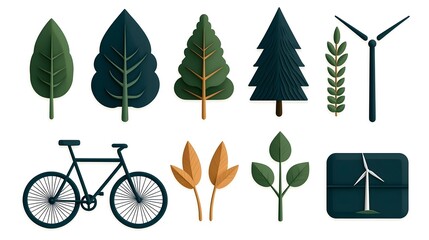 Poster - Comprehensive collection of eco friendly solid icons featuring green symbols forest elements electric bikes and renewable energy sources displayed on a clean minimalist white background
