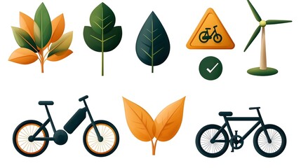 Poster - Comprehensive collection of renewable energy and environment icons featuring eco friendly elements like wind power electric bikes and green symbols all displayed on a clean white background