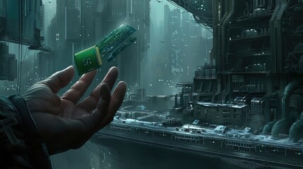 Futuristic hand grasping a micro integrated circuit chip, showcasing digital circuitry and data flow lines, set against a warehouse backdrop representing the industry 4.0 revolution.