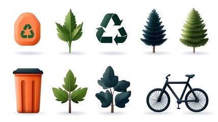 Renewable Energy and Green Symbol Icon Set Featuring Environment Friendly Symbols Like Recycling Forest and Electric Bike on a White Background  for Sustainable Clean Power and Eco Conscious Concepts