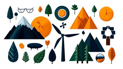 Aufkleber - Comprehensive environmental icon set focusing on nature renewable energy sources forest elements and eco friendly symbols arranged in a wide angle view on a clean white background