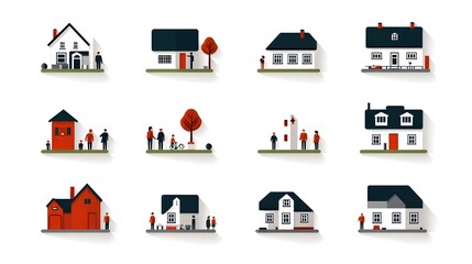 Iconic two tone graphic figures illustrating the concept of modern family social connections and community interactions  The minimalist abstract design conveys a sense of unity diversity