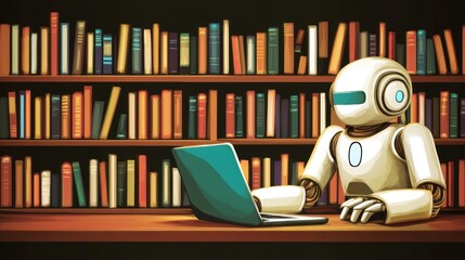 Poster - A White Robot Sitting at a Desk with a Laptop in Front of a Bookshelf