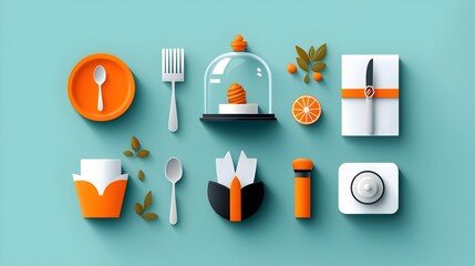 Poster - Detailed featuring catering and hospitality icons including a waiter figure cloche and various tableware items in a stylish restaurant or cafe setting