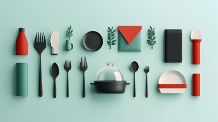 Poster - Elegant depicting a clean and modern catering set with cutlery cloche tray and dining table icons  This graphic can be used for restaurant hospitality or culinary related designs websites