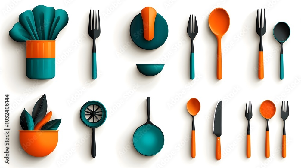 chef or catering icon collection set Images High... Stylized icon set showcasing catering elements like chef hat fork spoon ...