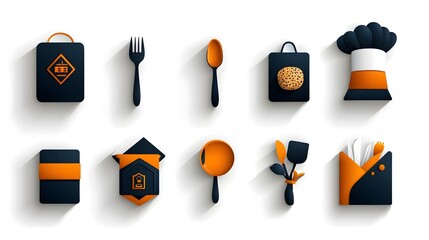 Detailed icon set featuring a comprehensive collection of catering and culinary elements including chef hat fork spoon dining table and other essential kitchen and dining tools and symbols